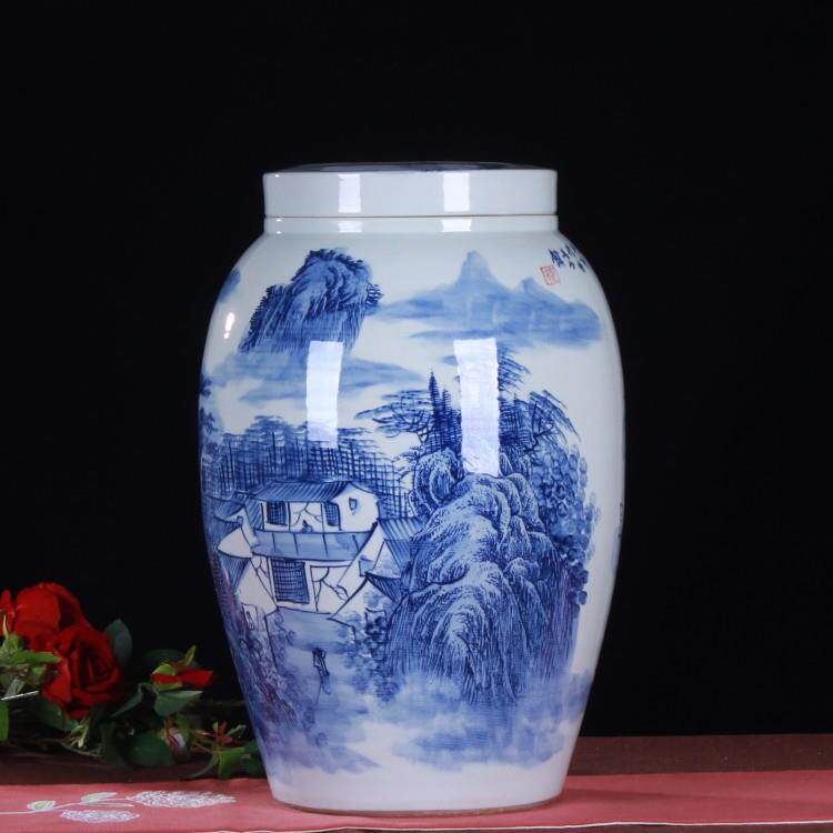 景德镇陶瓷手绘青花山水陶瓷米缸 江山多娇 油缸 酒缸50斤装