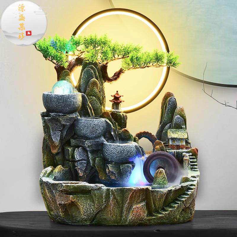 元盛吉珍客厅高山流水摆件，鱼缸假山，水轮喷泉摆件，生财风水轮