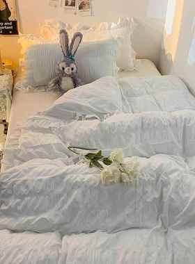 网红孩纯白色女公主风格KMW套泡泡纱床四件套在斯堪的纳维亚床床