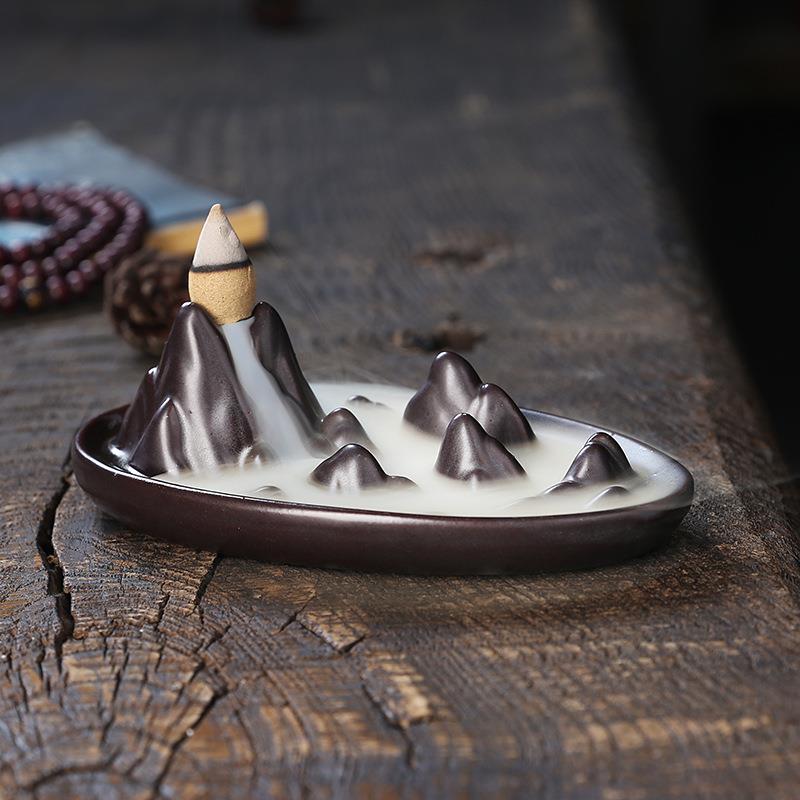 陶瓷高山流水倒流香炉创意摆件檀香炉线香插瀑布回流香禅意塔香炉