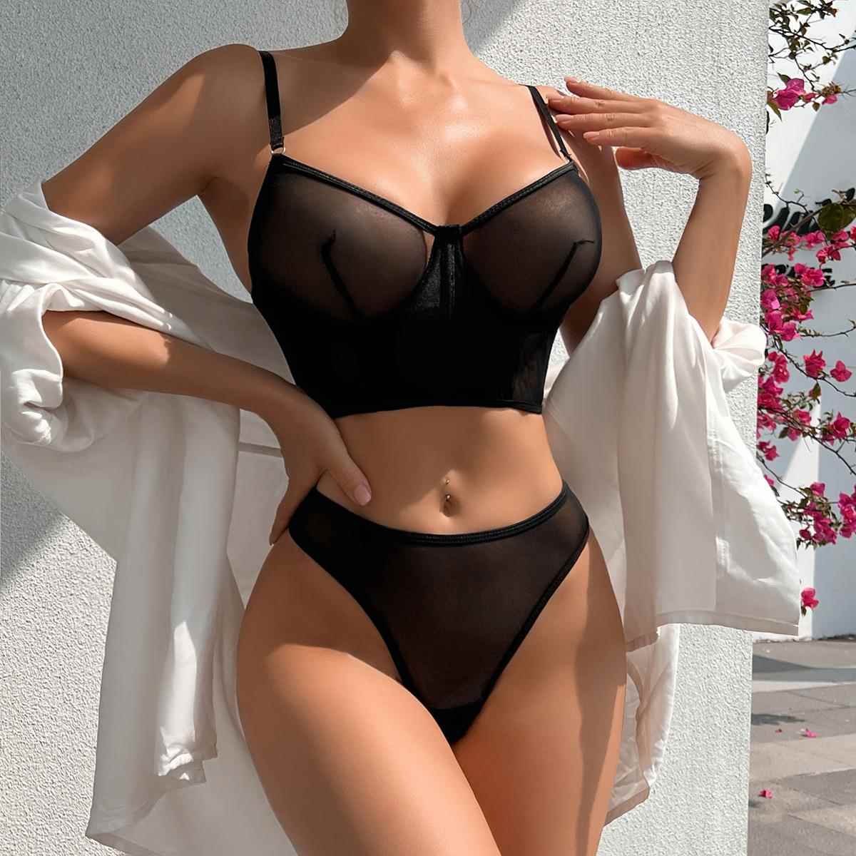 Set Gathered See-through Sexy Mesh Color Contrast Fishbone