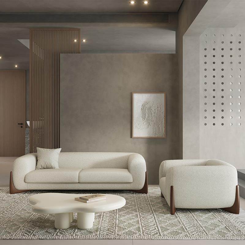 沙发小户型客厅原木奶油风家具日系侘寂风格直排三人位羊羔绒沙发