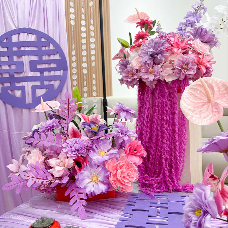 婚庆装饰花艺摆件紫色订婚布置装饰婚房客厅桌花床头晨袍拍照婚礼