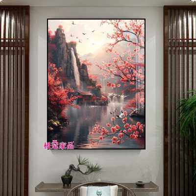 桃花风景钻石画满钻客厅江南山水点钻十字绣新款高难度带框钻石绣