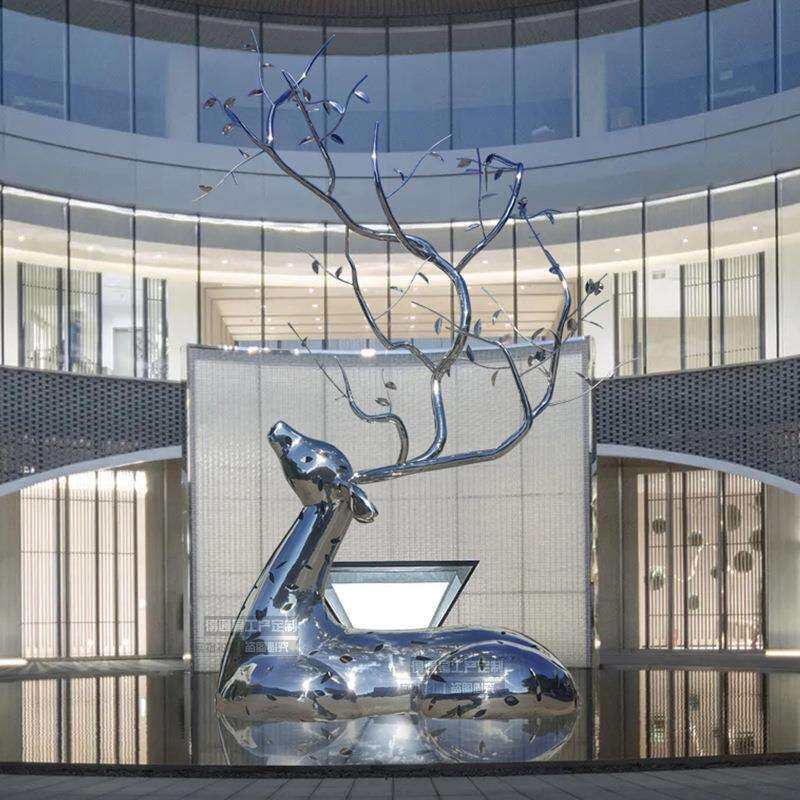 户外不锈钢水景抽象鹿雕塑城市镜面酒店园林金属景观标志镂空摆件