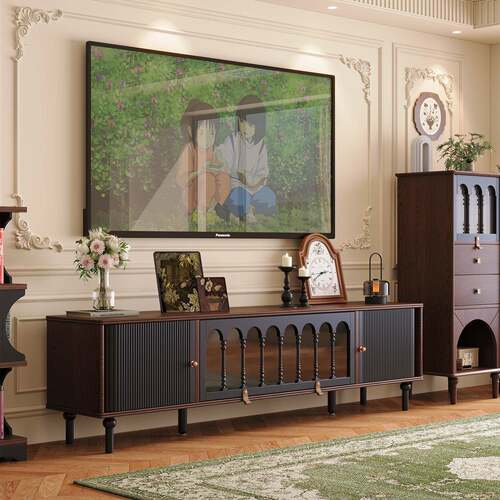 法式复古实木电视柜小户型客厅储物柜一体黑色收纳美式中古风TV柜