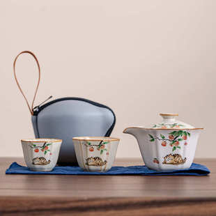 汝窑可爱萌猫一壶两杯旅行茶具功夫茶具陶瓷快客杯茶壶泡茶办公室