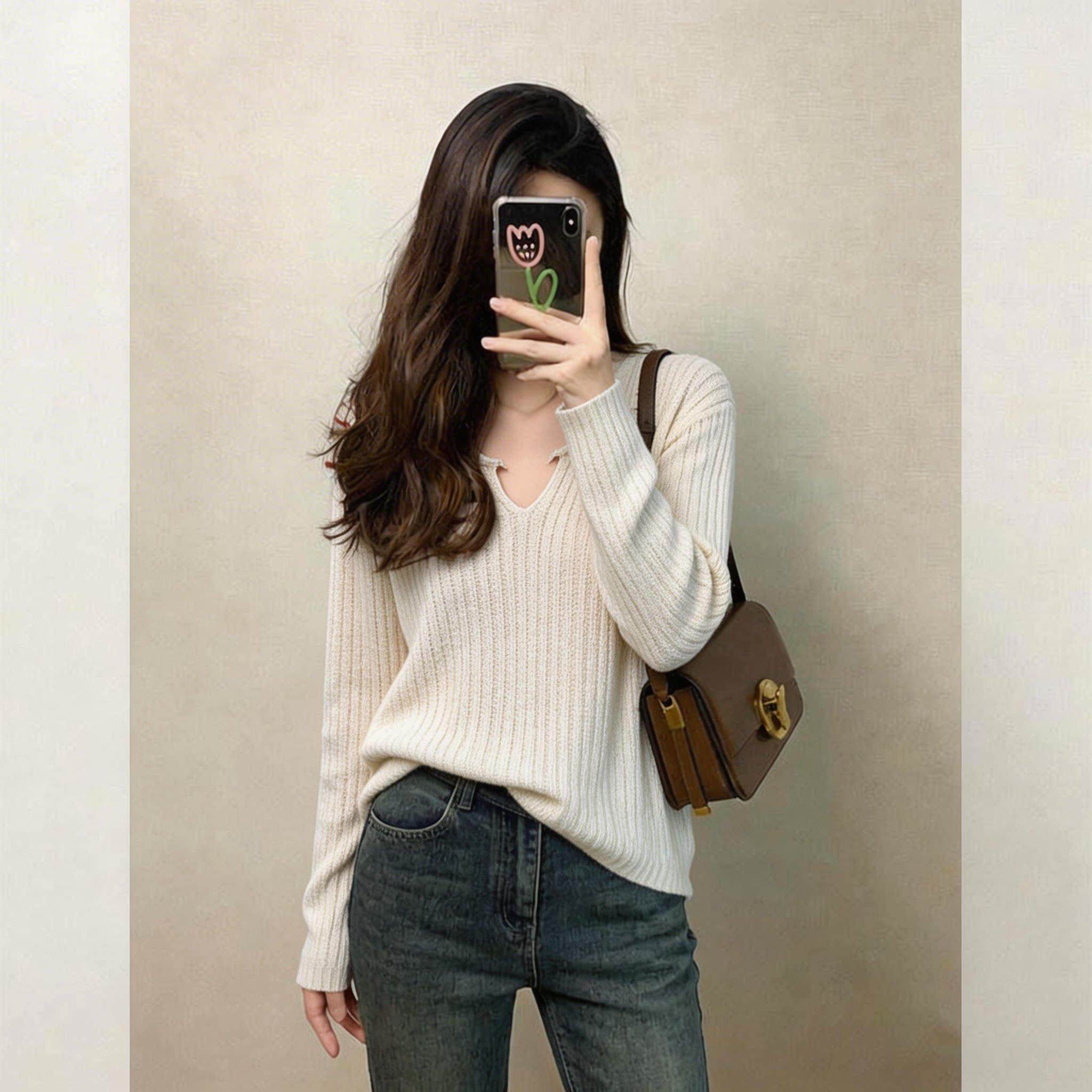 韩版慵懒风薄款肌理感针织衫女2026春季新款显瘦百搭纯色打底上衣
