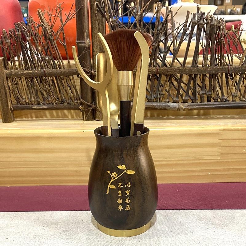 铜木茶道六君子高级纯铜黑檀木茶道茶艺配件整套茶夹茶勺茶针茶筒