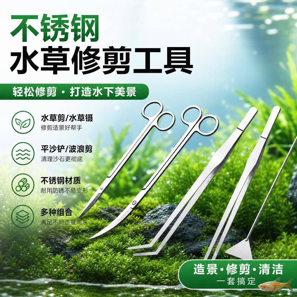 鱼缸造景工具套装 不锈钢水草镊子剪刀平沙铲刮藻刀 爬宠喂食工具