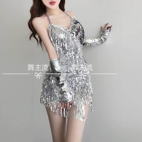 酒吧DS演出服新款女DJ领舞台chic性感辣妹银色流苏亮片爵士舞服装