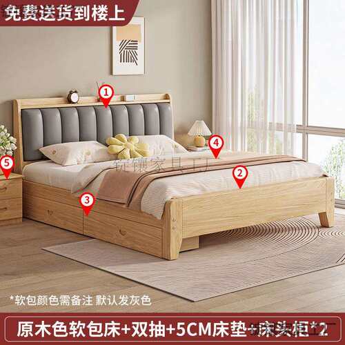 0J实木床1.5米现代简约家用卧室双人床1.8米经济型出租房用单人木