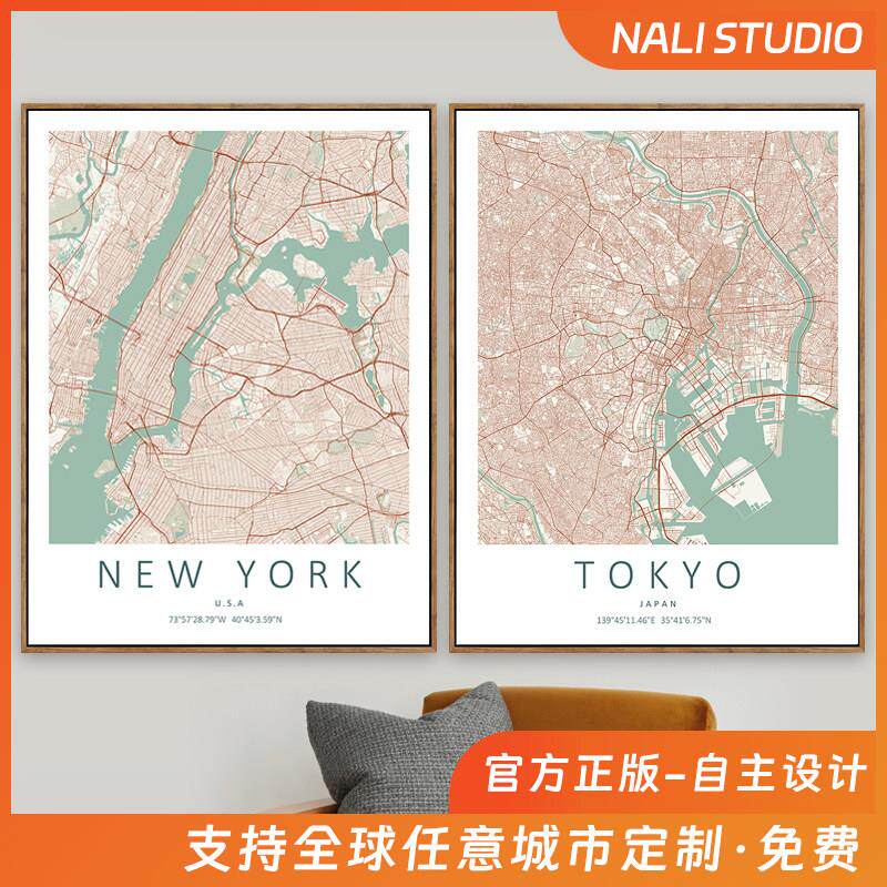 定制城市地图装饰画彩色线条北欧客厅工作室ins风礼物海上挂画芯