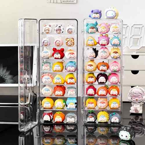 萌粒收纳盒桌面透明亚克力多层柜大容量展示架带盖防尘小摆件盒子