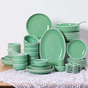 龙泉青瓷整套餐具家用陶瓷盘子中式新年盘子餐盘碗碟盘套装乔迁