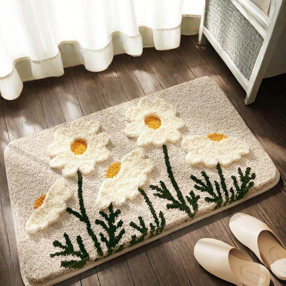 浴室地垫植绒高低毛立体3D森系绿色花朵进门地垫吸水垫卫生间脚垫
