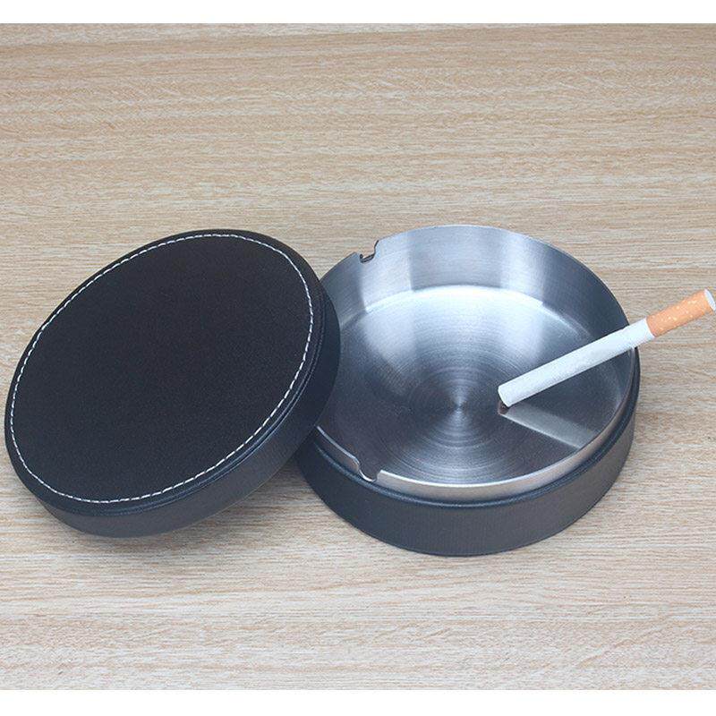 皮革不锈钢创意个性潮流带盖防飞灰客厅家用可爱办公室欧式烟灰缸