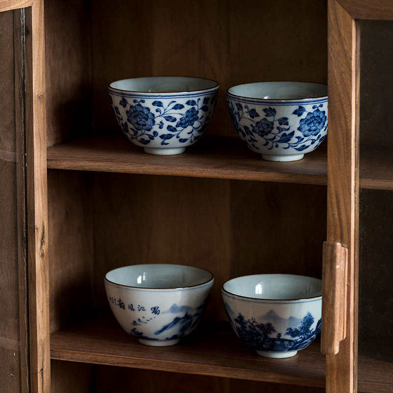 景德镇仿古釉青花缠枝莲山水茶杯功夫茶具单杯品茗杯 泡茶碗 定制