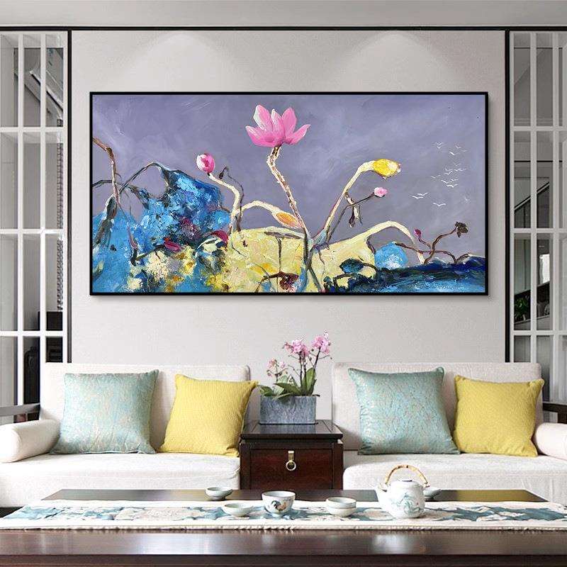 新中式纯手绘印象荷花油画客厅餐厅卧室床头书房横挂画抽象装饰画