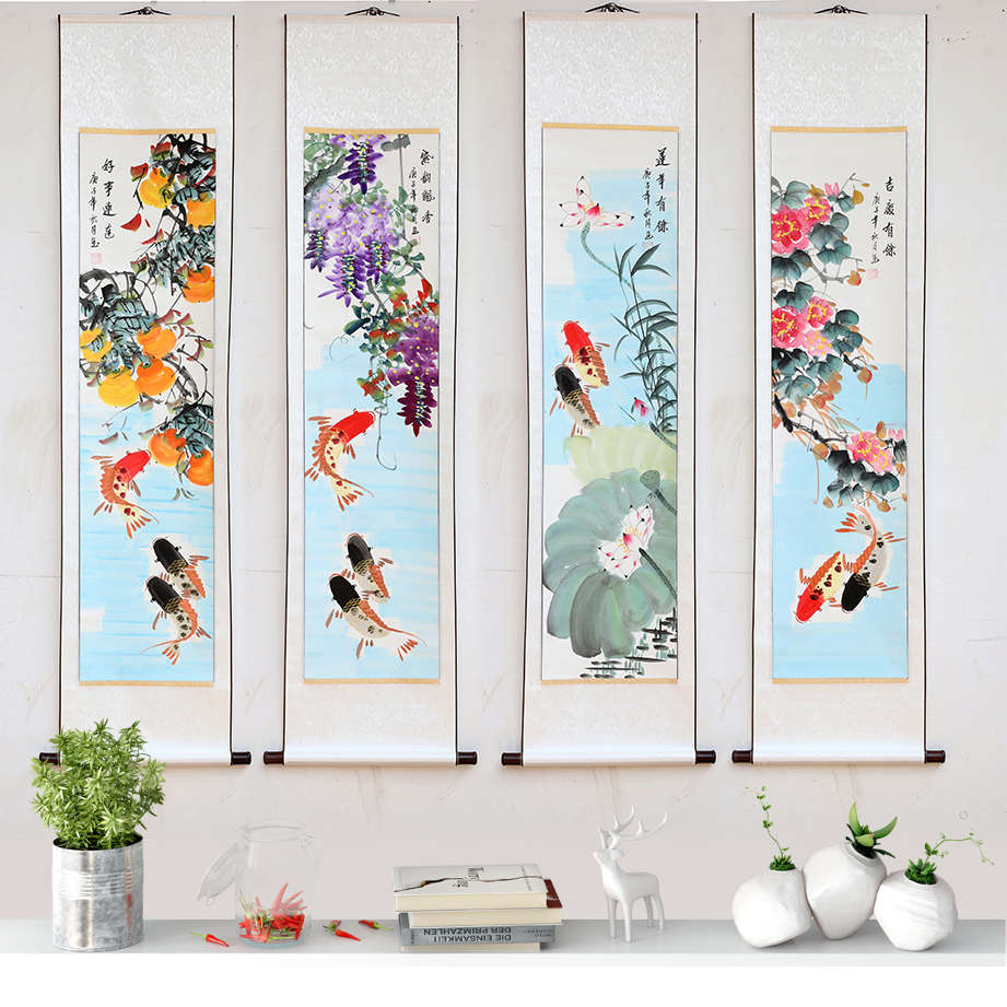 手绘四条屏名家真迹花鸟鱼梅兰竹菊挂画客厅宣纸春夏秋冬山水国画
