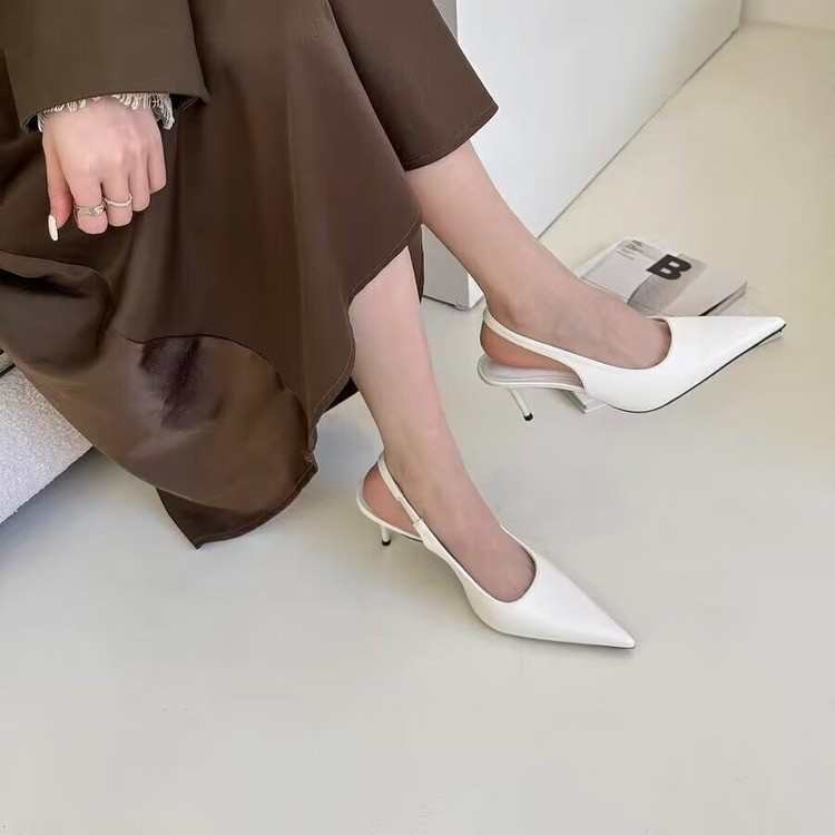 中跟凉鞋女春夏细跟后空法式小跟鞋中细跟软皮包头凉鞋银色高跟鞋