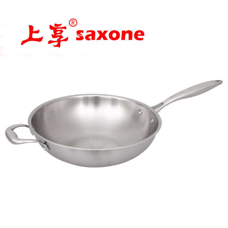 礼品批发三层复合钢锅无涂层炒菜锅不沾 家用304不锈钢不粘锅炒锅
