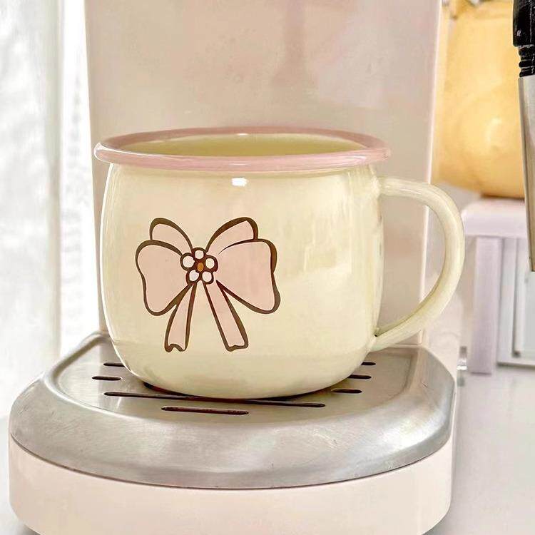 老麦【自制】少女心蝴蝶结搪瓷水杯马克杯咖啡杯牛奶杯早餐杯茶杯