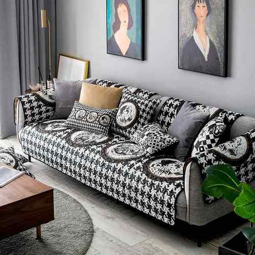 正品枕西时湖尚简做约盖现代布艺黑白沙发垫北欧风百搭沙发巾套定