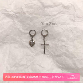 Rita Zoo欧美风 复古街头朋克少女 暗黑爱心十字架耳环耳夹