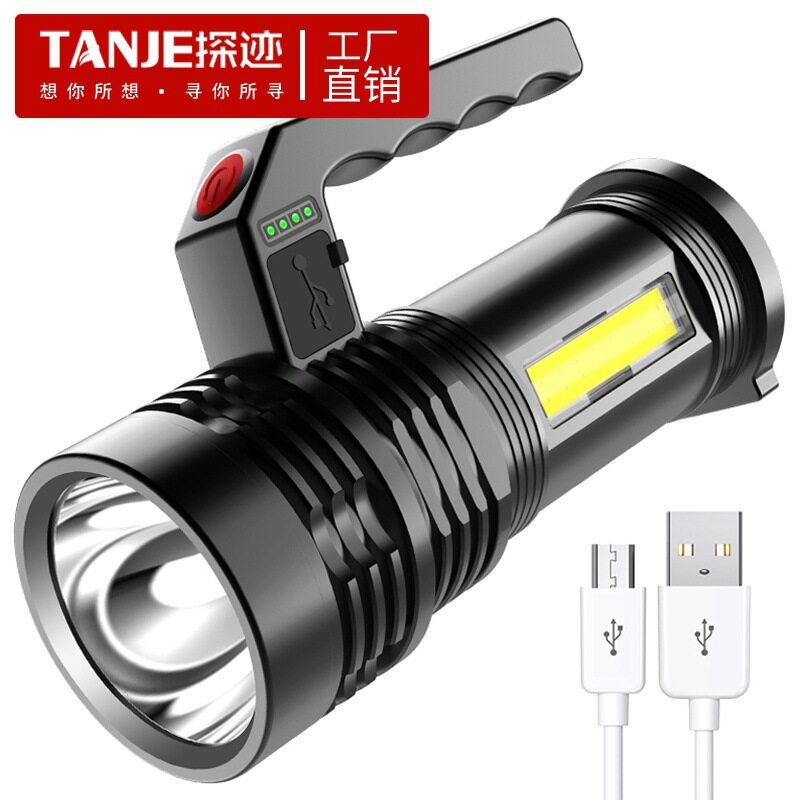 品质新款COB手电筒 usb充电带侧灯家用led多功能塑料手提灯手电筒