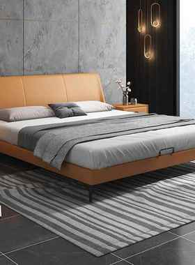 1.8米现代简约主卧橙色软床高档双人婚床新品意式轻奢真皮床