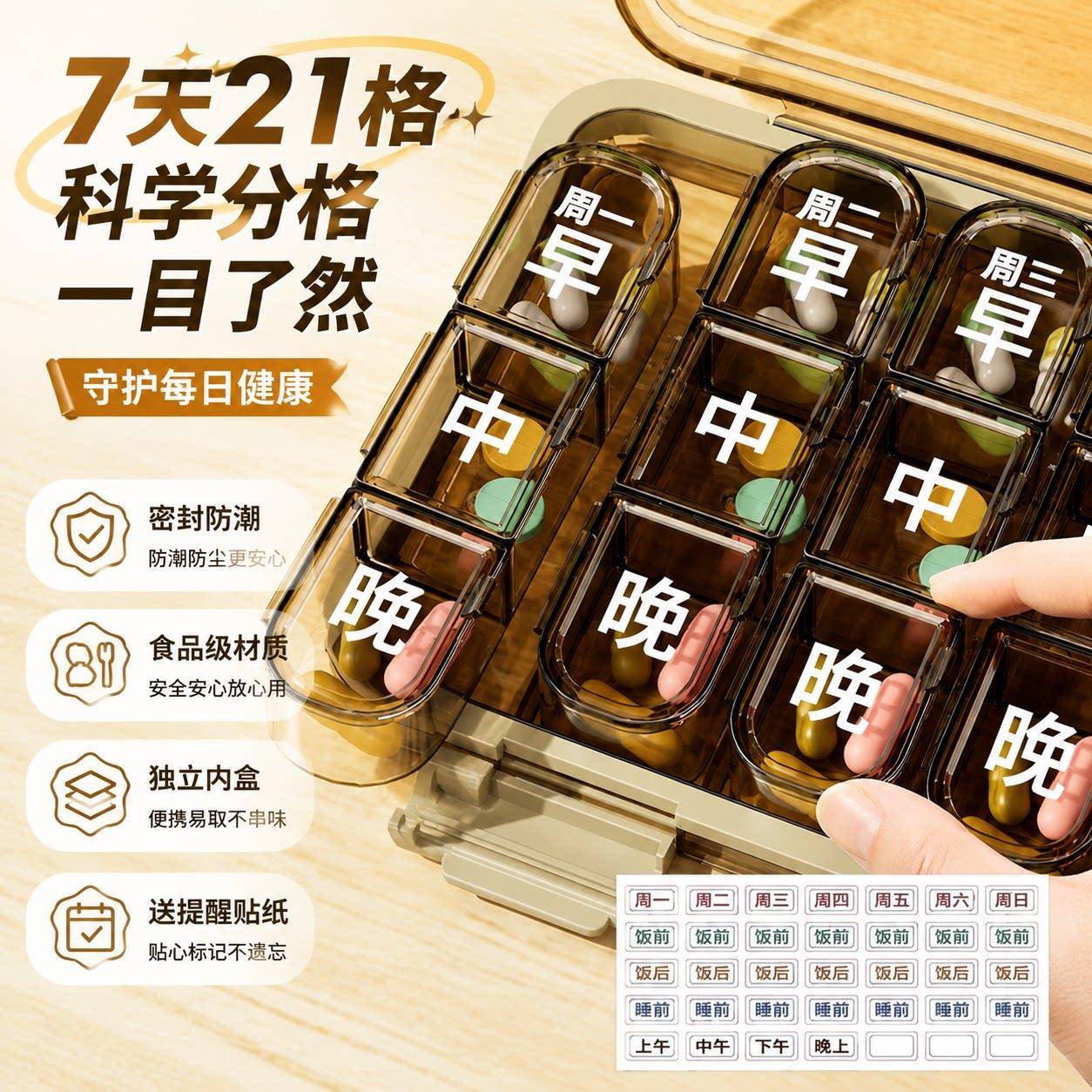 早中晚分类药盒一周七天西药分装盒老人吃药便携式密封药物收纳盒