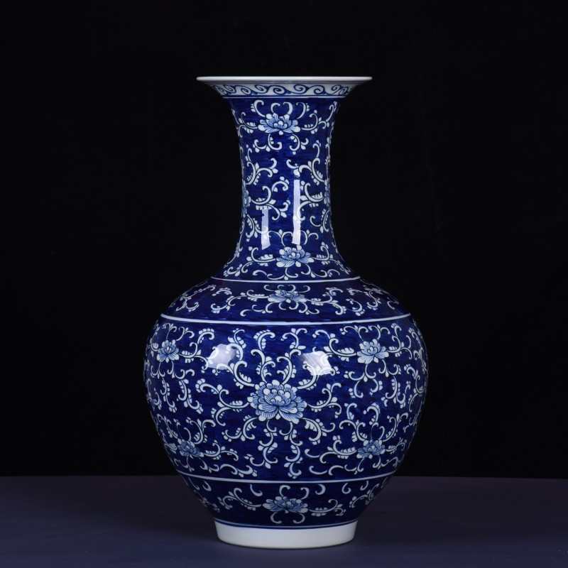手绘青花瓷仿古缠枝莲大花瓶2022落地瓷瓶玄关装饰品插花摆件收藏
