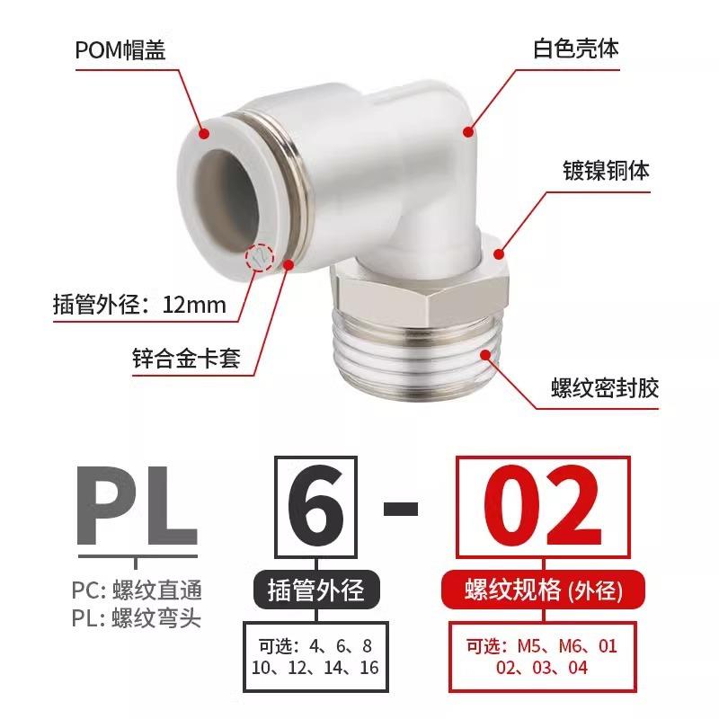 白色气动气管快速头快插螺纹弯头PL8-0接/4-M5/-01/15430-023/8-0