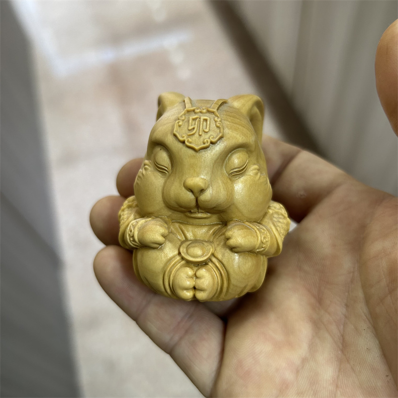 小叶黄杨木雕小白兔摆件实木生肖兔本命年吉祥物工艺品手把件兔子