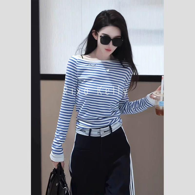 Rixo Kelly新款独特超好看斜肩上衣法式气质设计感修身条纹T恤女