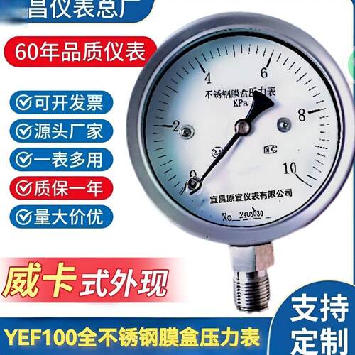 YE100BF全不锈钢膜盒压力表徽压空气气体测量宜昌仪表总厂