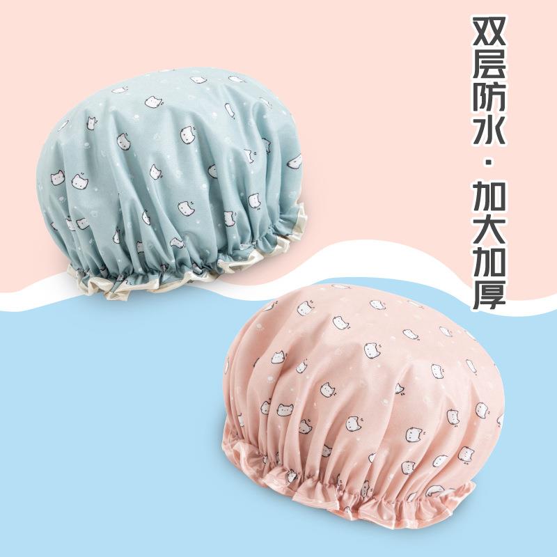 新款直销新款卡通浴帽双层防水女士PEVA色丁帽印花洗发帽淋浴帽成