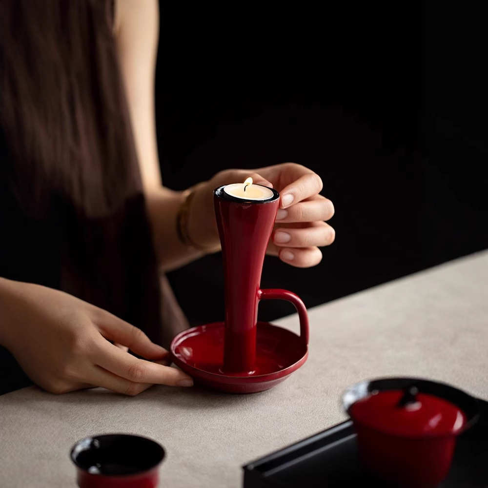 赭梦朱红光面色釉高颜值烛台茶空间家用禅意餐桌茶几摆件茶道配件