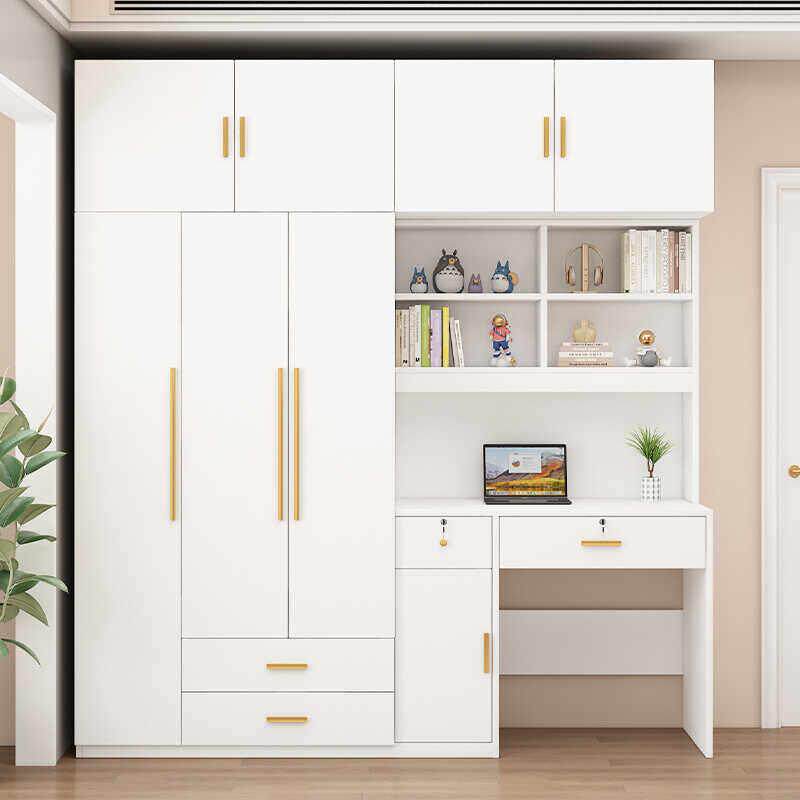 实木电脑桌带衣柜加书柜书架组合简约儿童学习办公桌一体连身书桌