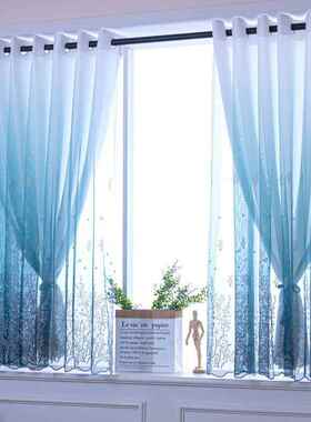 伸免GQQ打孔纱帘窗带杆送缩杆窗帘阳台遮光透透光不人纱双层客厅