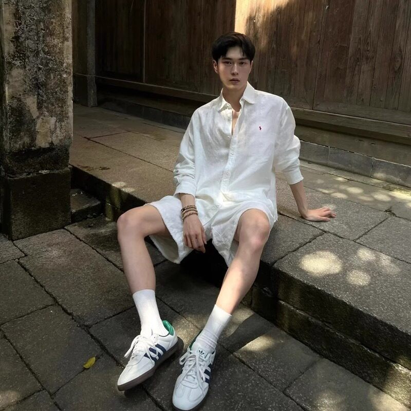 韩国Uamtor男生夏季亚麻衬衫套装慵懒松弛感老钱风短袖短裤两件套