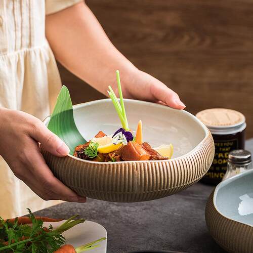 厂家创意粗陶日式复古轻奢深碗装汤碗摆盘碗意境菜酒店餐厅用陶碗