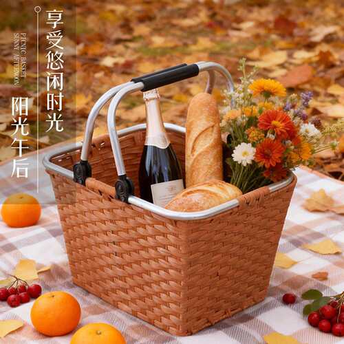 野餐篮春游提篮编织纳筐购物篮户外野炊手露营餐用野餐手提野收品