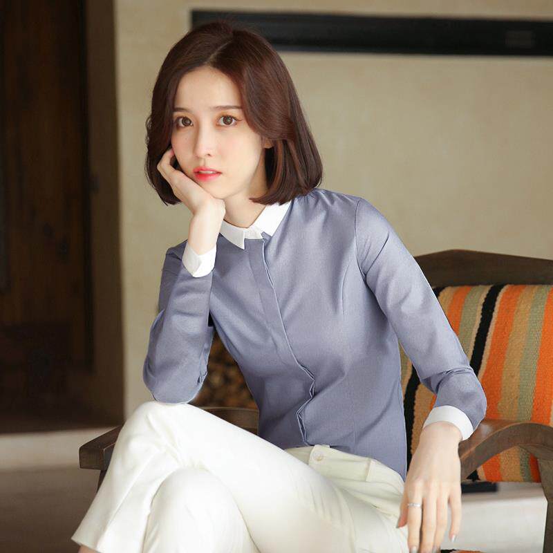 高档蓝色衬气衫女长袖工作服职业正装设计感高小众质级感衣女士上