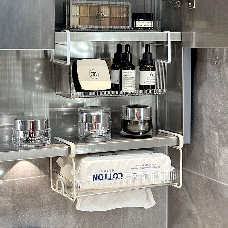 镜柜下悬挂式挂篮分层收纳神器纸巾发饰化妆品收纳盒浴室柜置物架