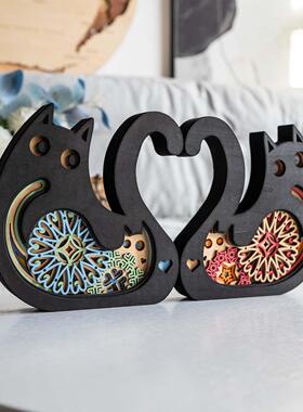 梯木叠雕爱心猫摆件情侣礼物可刻字乔迁新居装饰轻奢客厅小工艺品