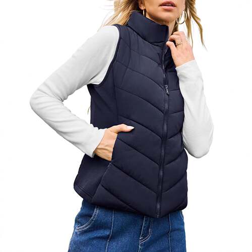 Puffer Vest Women Sleeveless Zip Up Outerwear Stand Collar