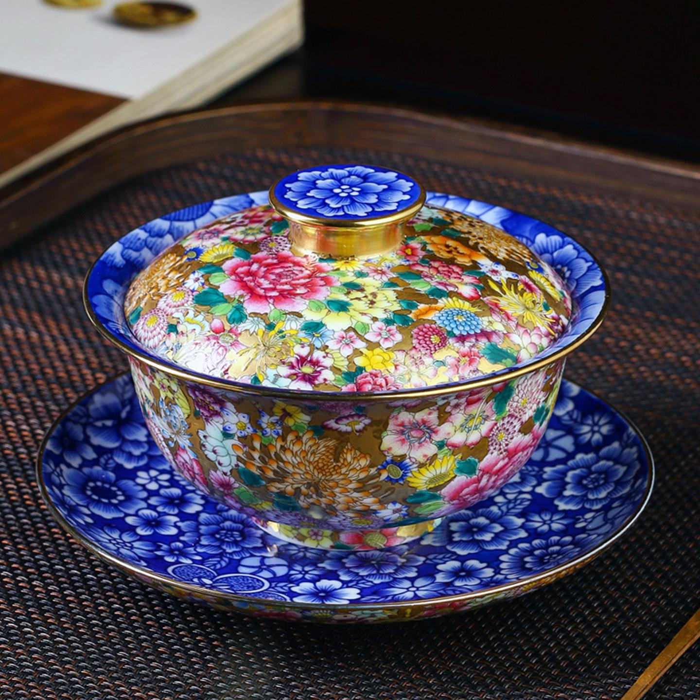 景德镇陶瓷青花瓷手工手绘珐琅彩粉彩万花盖碗敬茶泡茶碗功夫茶具