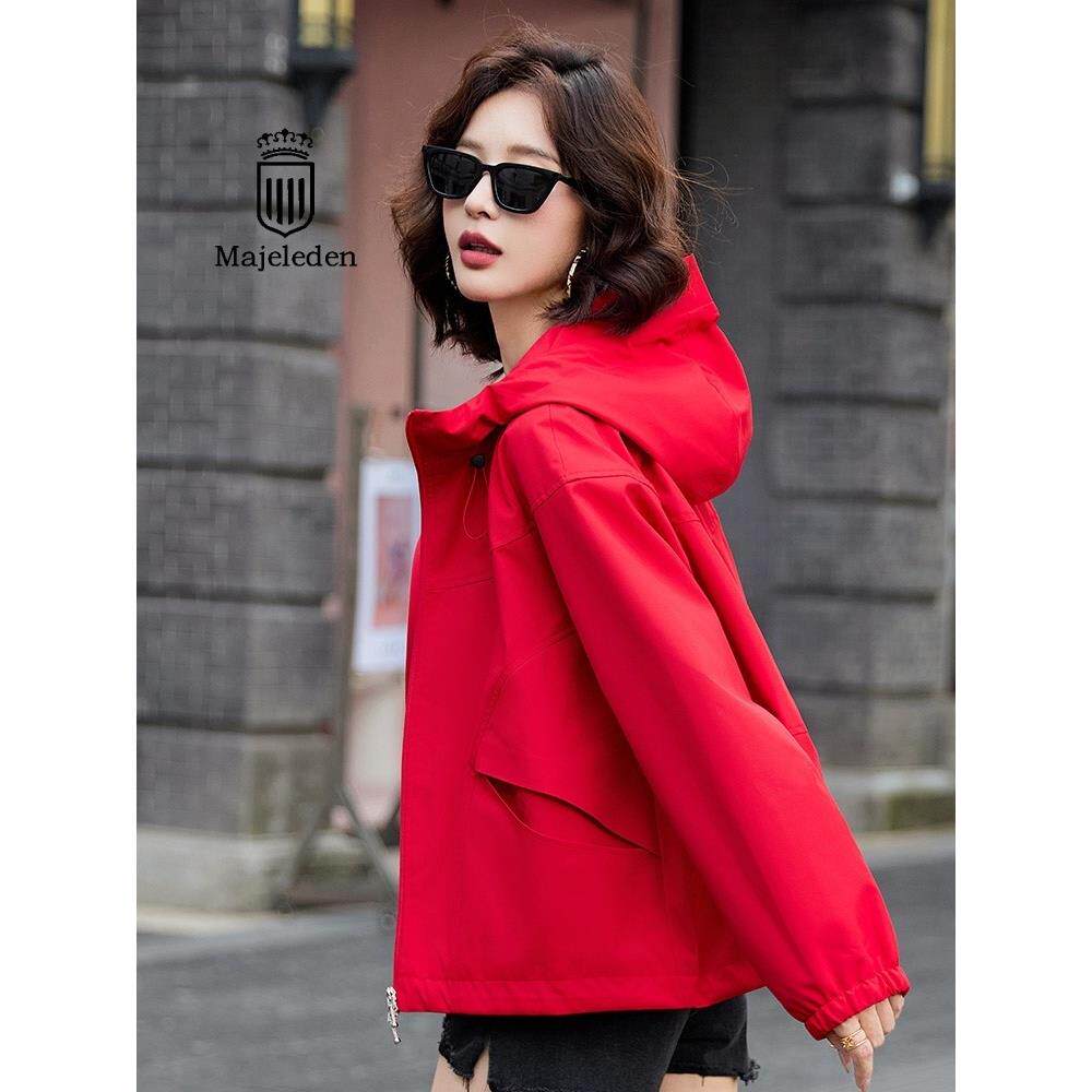 正品2025秋季红色外套女春秋短款连帽薄款单层软壳冲锋衣夹克风衣